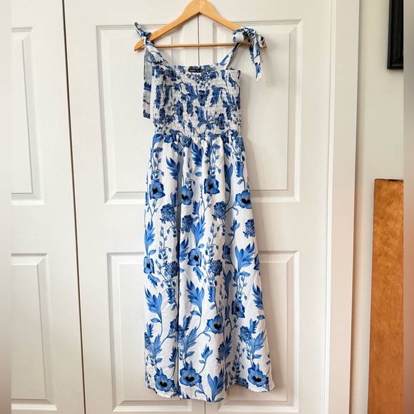 SHEIN Dresses & Skirts - White Maxi Dress with Blue Floral Print and Tie Straps Smocked Summer SHEIN